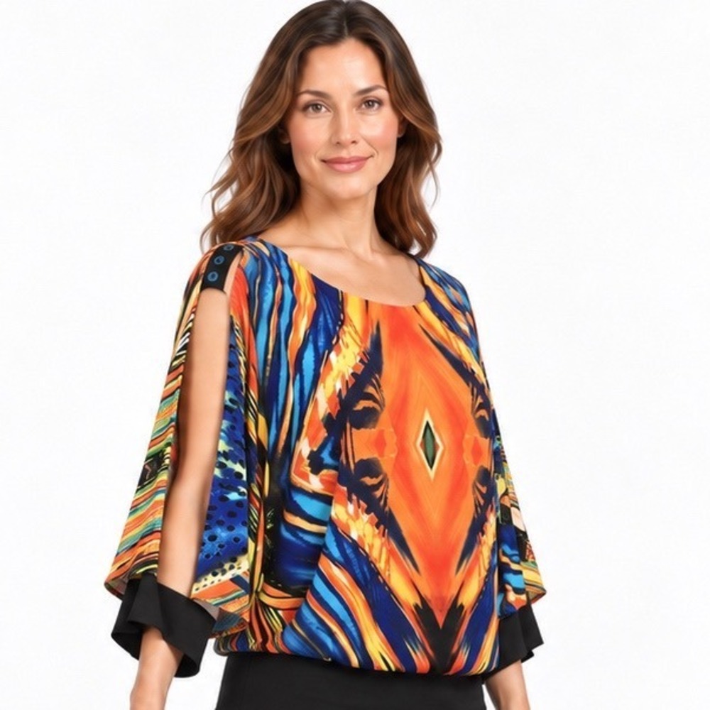Bali M Multicolor Abstract Cold Shoulder Split Sleeve Top Lagenlook Avante Garde